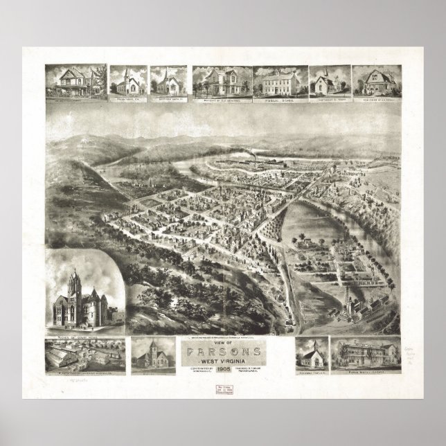 Poster Parsons de 1905, Mapa Panorâmico de Vista de Pássa (Frente)