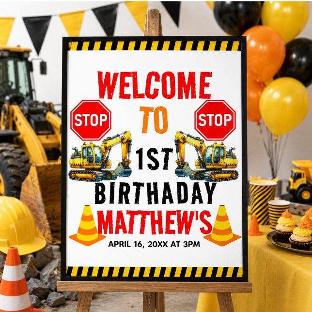 Poster Partido do primeiro aniversario de Caminhão de Con (Construction Dump Truck 1st Birthday Party Poster)