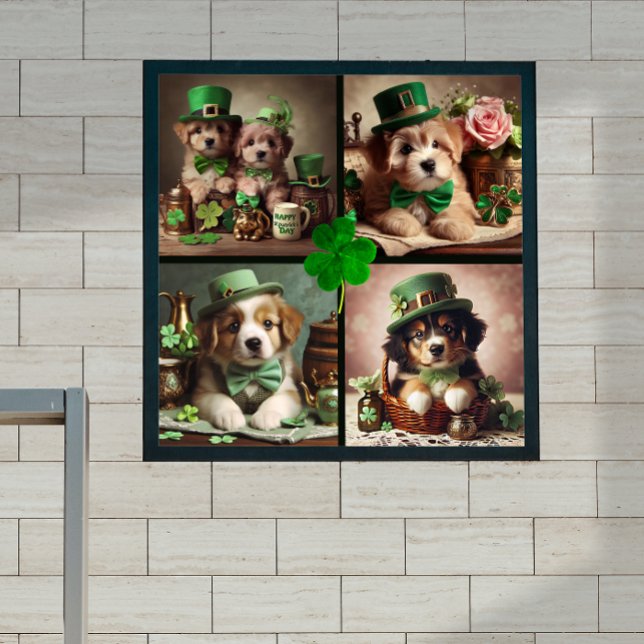 Pôster Partido Verde dos Dias de São Patrícios Irlandeses (St Patrick's Day Cute Irish Puppies Green Party Poster)