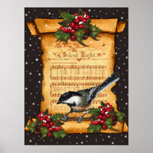 Poster Partitura silenciosa da noite, Chickadee, neve:
