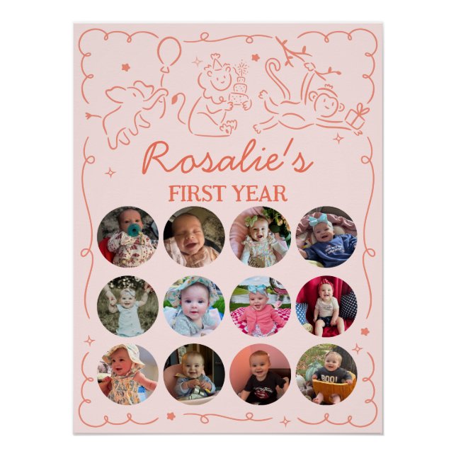 Pôster Party Animals Girl's First Birthday Photo Collage (Frente)