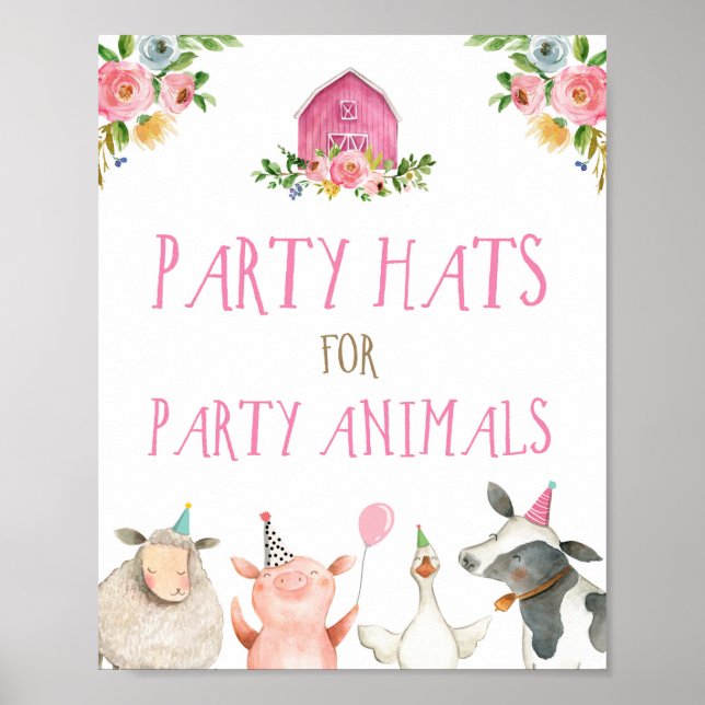 Poster Party Hats Farm Animals Girl Birthday Pink (Frente)