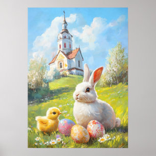 Poster Páscoa Bunny e pintura em forma de Pintinho