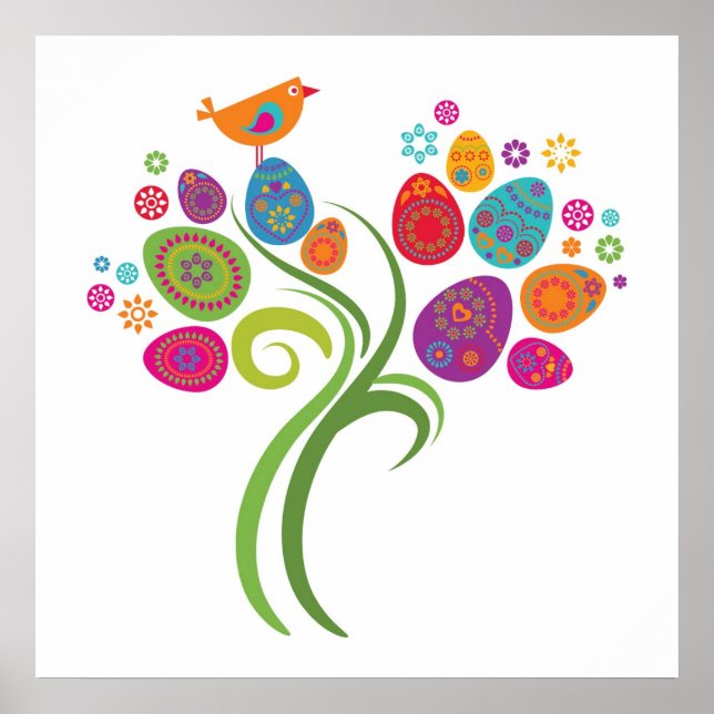 Pôster Páscoa com ovos coloridos e flores (Frente)