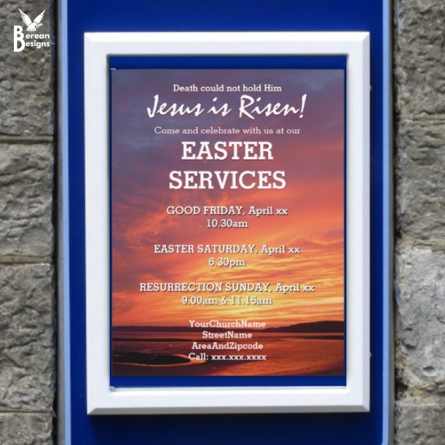 Poster PÁSCOA Jesus é Serviços de IGREJA Risen Personaliz (Jesus is Risen Easter Services poster which can be placed in a display board)