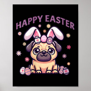Poster Páscoa Pug Vestindo Coelhinhos Orelhas Felz pascoa