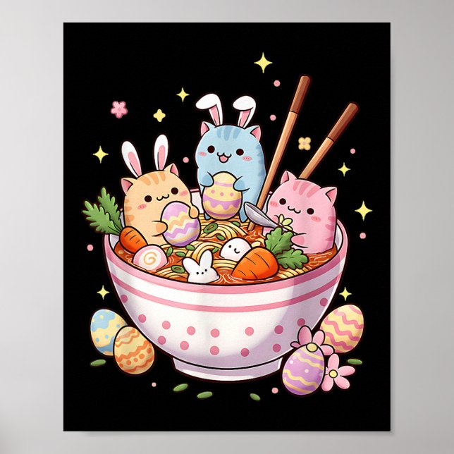 Poster Páscoa Ramen Gatos Fofo Felz pascoa Dia de Animaçã (Frente)