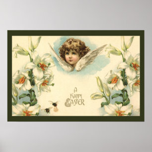 Pôster Páscoa Vintage, Anjo Vitoriano com Flores Lily