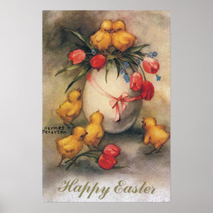 Pôster Páscoa Vintage com Frangos e Flores de Tulipa Verm