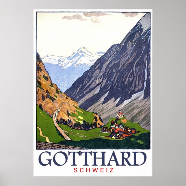 Poster Passagem de Gotthard, Suiça, vila, safra (Frente)