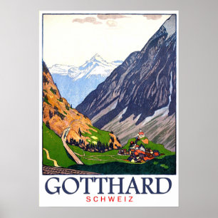 Poster Passagem de Gotthard, suiça, vila, vintage