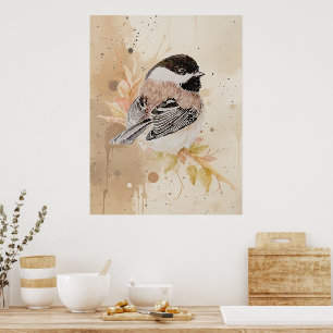 Poster Passarinho Chickadee Pintado à Mão com Aquarela Or