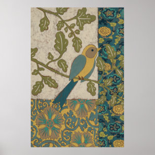 Pôster Pássaro Amarelo e Azul Teal Empoleirado em uma ra