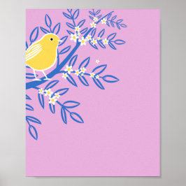 Poster Pássaro Amarelo Ilustrado em um Fundo Rosa