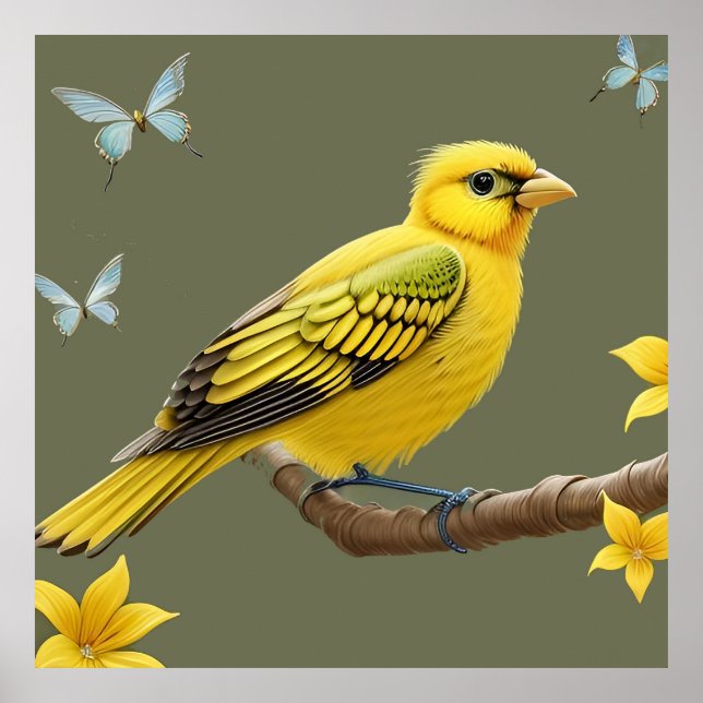 Poster Pássaro Amarelo Vibrante na Ramificação (Frente)