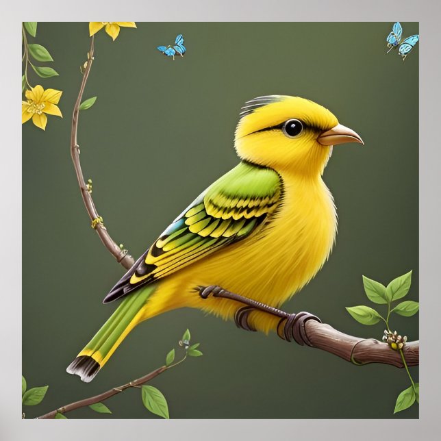 Poster Pássaro Amarelo Vibrante na Ramificação (Frente)