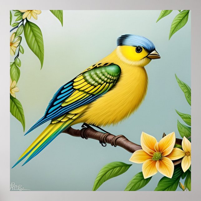 Poster Pássaro Amarelo Vibrante no Galho (Frente)