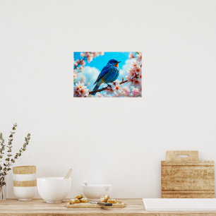 Poster Pássaro Azul Azure em Galho de Flor de Cerejeira