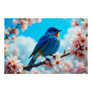 Pôster Pássaro Azul Azure em Galho de Flor de Cerejeira