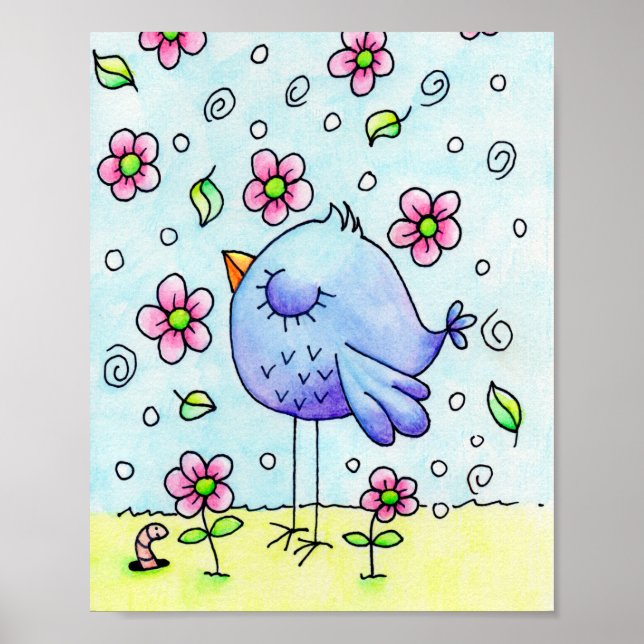 Poster Pássaro Azul Caprichoso E Flores (Frente)