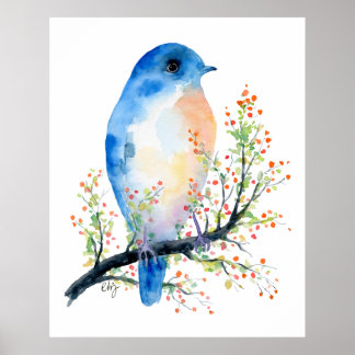 Pôster Pássaro Azul de Aquarela no Berry Branch