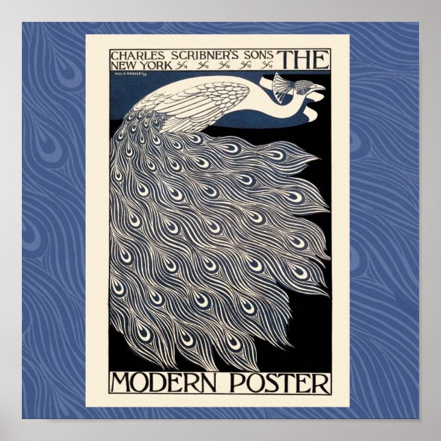Poster pássaro azul de ilustração da safra do pavão (Frente)