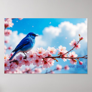 Poster Pássaro Azul no Ramo de Flor de Cerejeira