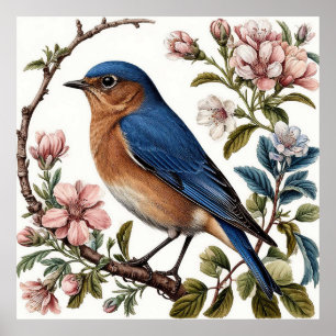 Poster Pássaro Azul Pousado Entre Flores em Flor