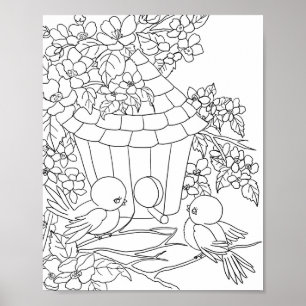 Poster Pássaro Birdhouse Arte floral de árvores