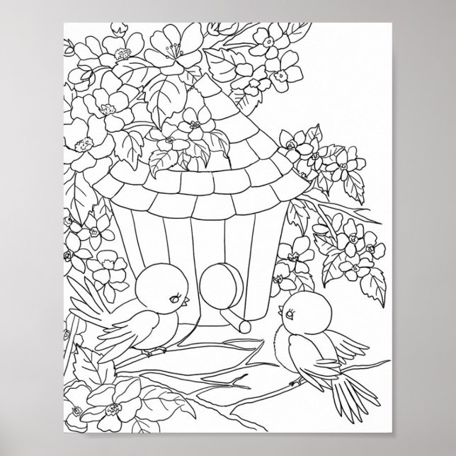 Poster Pássaro Birdhouse Arte floral de árvores (Frente)