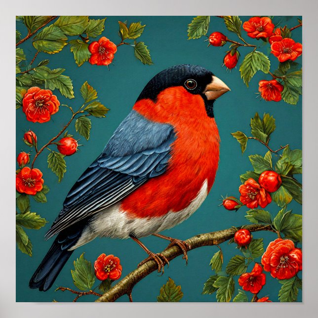 Poster Pássaro Bullfinch numa árvore (Frente)