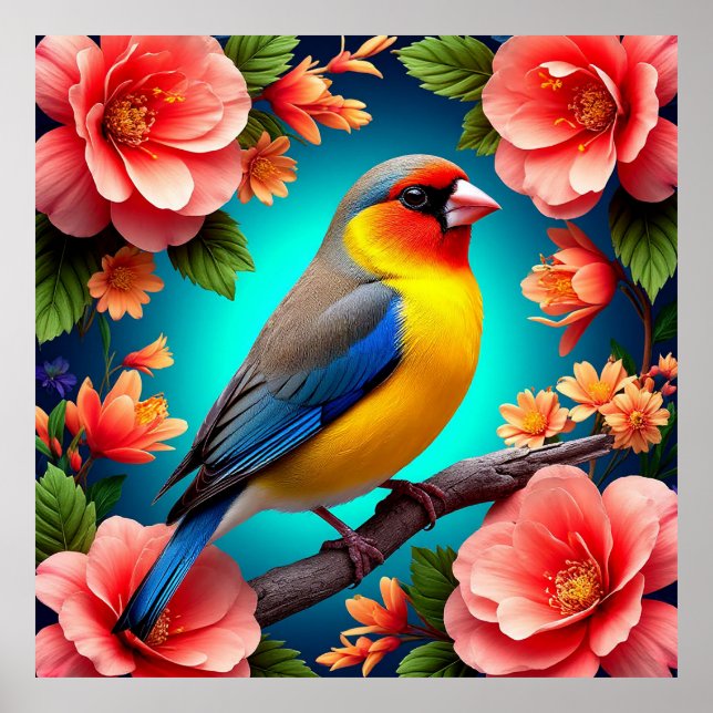 Poster Pássaro Cantador Empoleirado Entre Flores Brilhant (Frente)