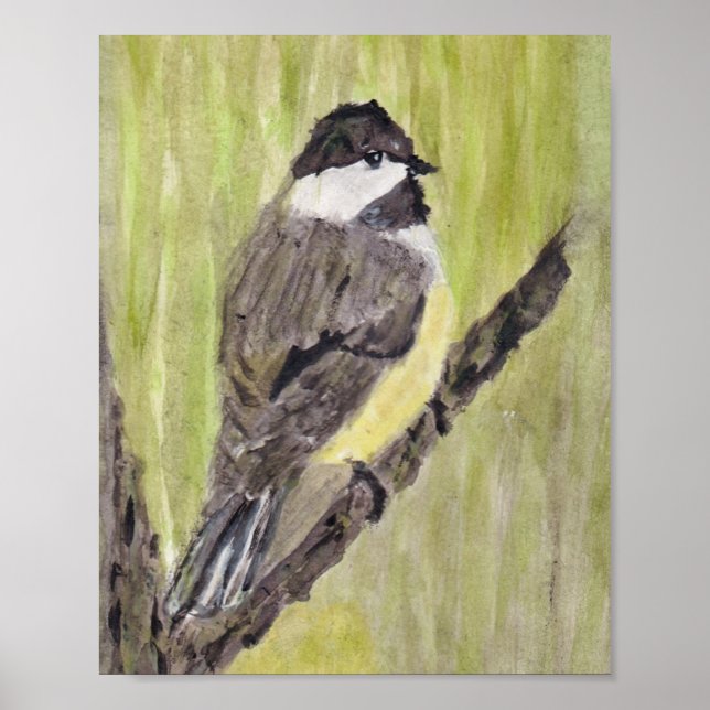 Poster Pássaro Chickadee de casaco preto - pintura acríli (Frente)