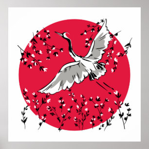 Poster Pássaro Crane desenhado à mão, pássaro de ilustraç