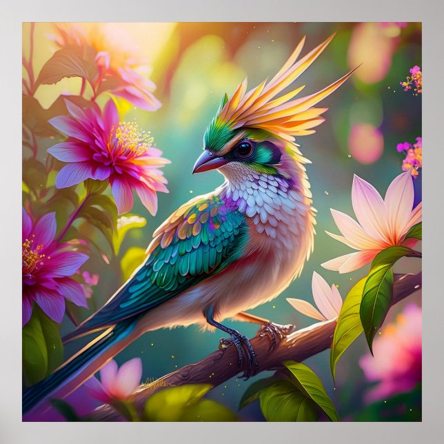 Poster Pássaro da Fantasia da Finch com Cabeça Verde Deit (Frente)