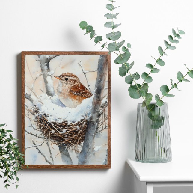 Poster Pássaro de Neve do inverno em Nest Tree Nature Wat (Winter Bird, Wren Bird in Snowy Nest in Tree. Watercolor Wall Art poster print or digital)