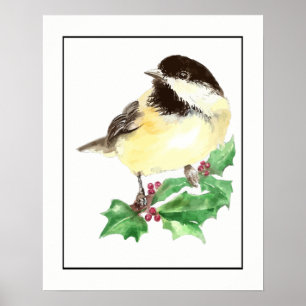 Poster Pássaro do Chickadee da aguarela com Sprig do