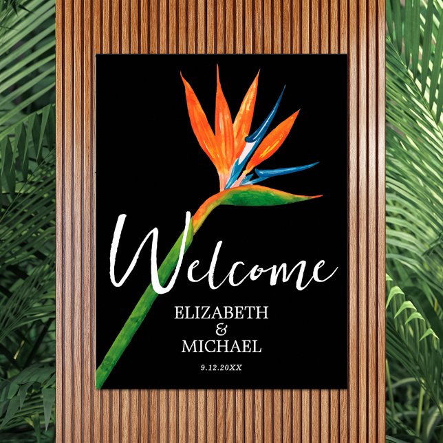 Poster Pássaro do Paraíso em Boas-vindas ao Casamento Neg (Tropical bird of paradise on black wedding welcome poster - INSTANT DOWNLOAD and/or PRINTED)