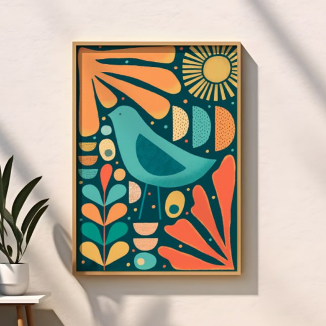 Poster Pássaro e Folhas Inspirados no Moderno de Meados d (Mid Century Modern Inspired Bird and Leaves Poster)