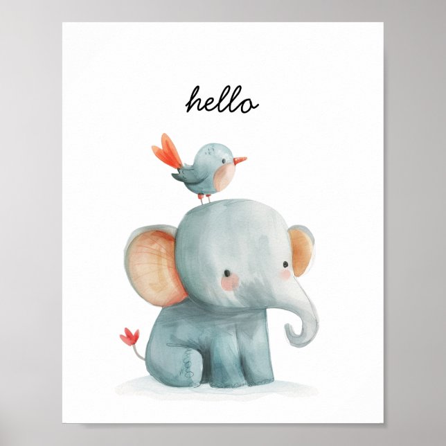 Poster Pássaro Elefante Bonito Alô Watercolor Nursery (Frente)