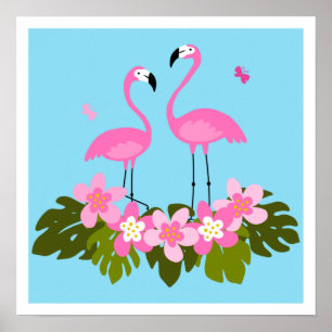 Poster Pássaro Exótico. Flamingo e folhas tropicais
