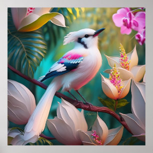 Poster Pássaro Fantasia com Crista Branca e Peito Rosado