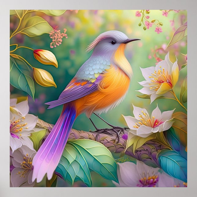 Poster Pássaro Fantasia Laranja Torrado de lavanda (Frente)