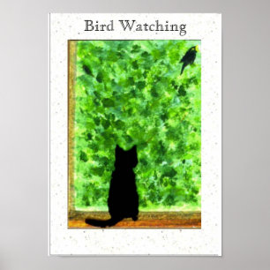 Poster Pássaro Gato Negro Assistindo Arte Animal Divertid