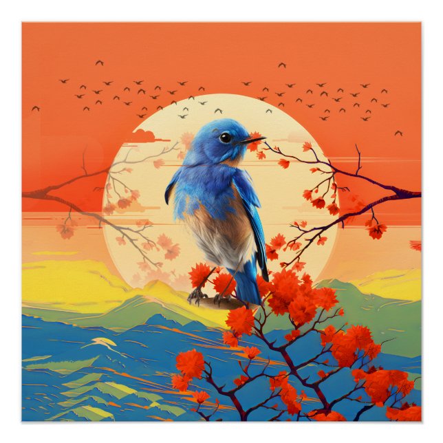 Pôster Pássaro Natural Japonês Moderno Em Cenário De Flor (Frente)