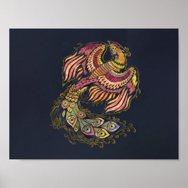 Pôster Pássaro Phoenix da Aquarela (Frente)