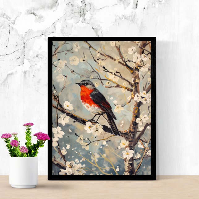 Poster Pássaro Pintado com Arte aquosa em Flores Brancas  (Red Breast Bird in Tree with White Flower Blossoms Wall Art Poster Print.)