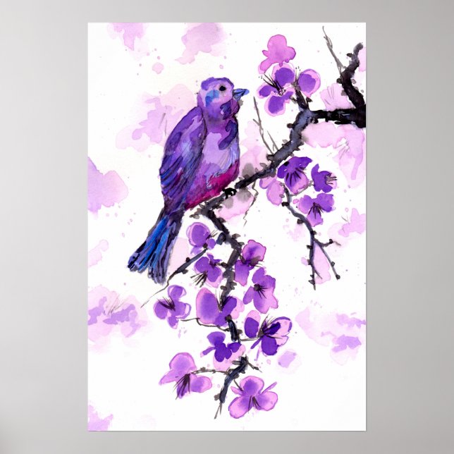 Poster Pássaro Roxo e Flores (Frente)