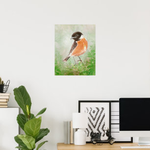 Poster Pássaro Stonechat em Aquarela Arte da Natureza