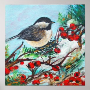 Poster Pássaro tampado preto do Chickadee com as bagas